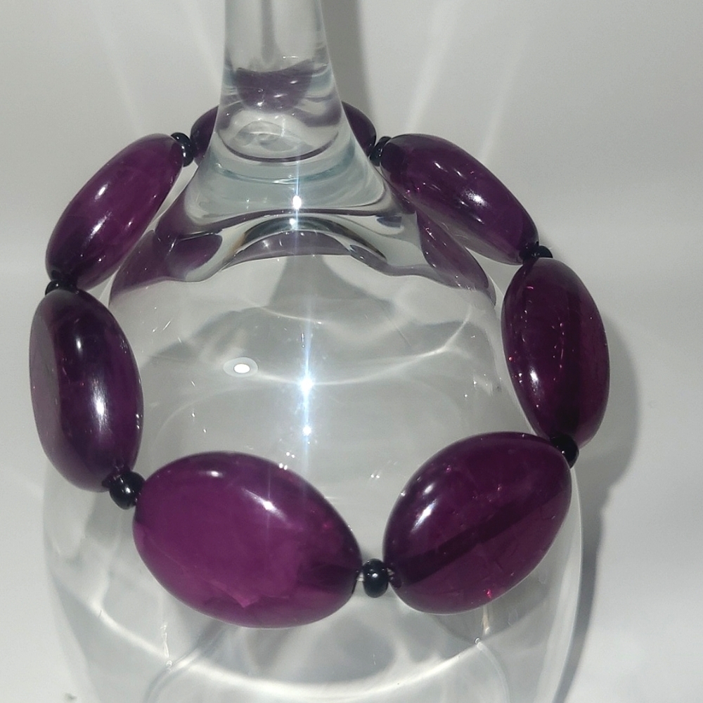 Vintage Marbled Purple Lucite Flat Oval Bead Bracelet Rare 80s Stretch Statement